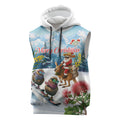 New Zealand and Australia Merry Christmas Sleeveless Hoodie Kiwi Birds Skiing and Koala Santa Riding Kangaroo