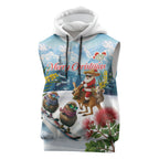 New Zealand and Australia Merry Christmas Sleeveless Hoodie Kiwi Birds Skiing and Koala Santa Riding Kangaroo