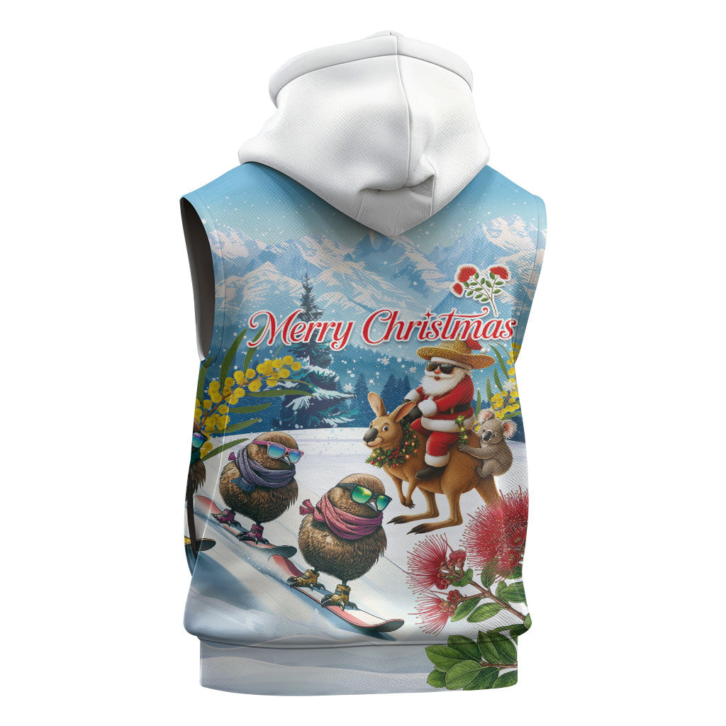 New Zealand and Australia Merry Christmas Sleeveless Hoodie Kiwi Birds Skiing and Koala Santa Riding Kangaroo