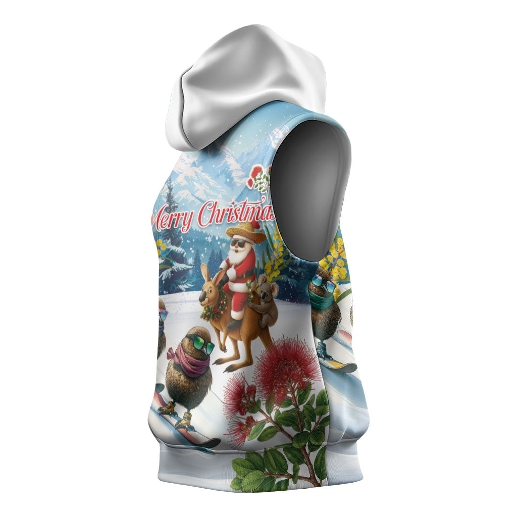 New Zealand and Australia Merry Christmas Sleeveless Hoodie Kiwi Birds Skiing and Koala Santa Riding Kangaroo