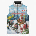 New Zealand and Australia Merry Christmas Sleeveless Puffer Jacket Kiwi Birds Skiing and Koala Santa Riding Kangaroo