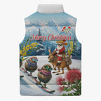 New Zealand and Australia Merry Christmas Sleeveless Puffer Jacket Kiwi Birds Skiing and Koala Santa Riding Kangaroo