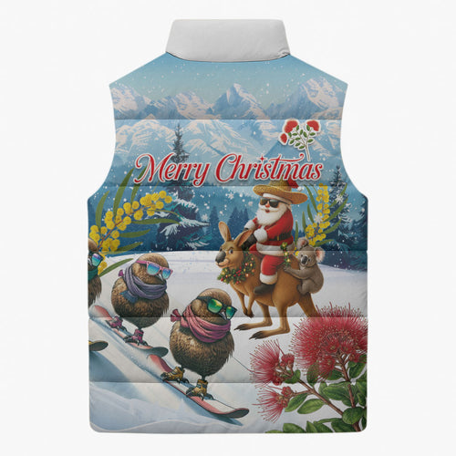 New Zealand and Australia Merry Christmas Sleeveless Puffer Jacket Kiwi Birds Skiing and Koala Santa Riding Kangaroo