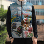 New Zealand and Australia Merry Christmas Sleeveless Puffer Jacket Kiwi Birds Skiing and Koala Santa Riding Kangaroo