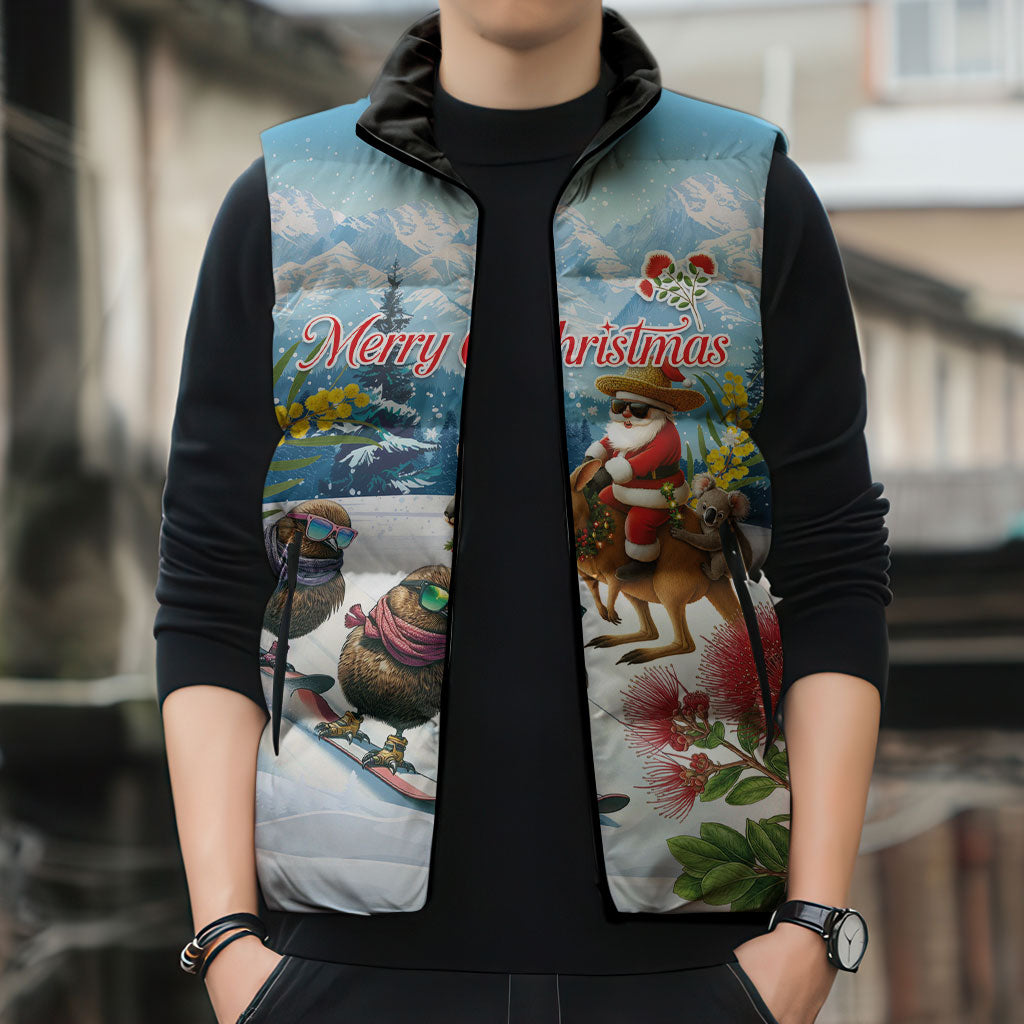 New Zealand and Australia Merry Christmas Sleeveless Puffer Jacket Kiwi Birds Skiing and Koala Santa Riding Kangaroo