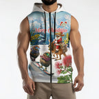 New Zealand and Australia Merry Christmas Sleeveless Zip Hoodie Kiwi Birds Skiing and Koala Santa Riding Kangaroo