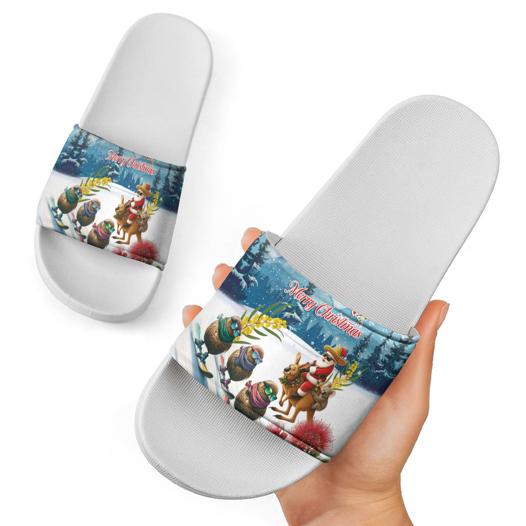 New Zealand and Australia Merry Christmas Slide Sandals Kiwi Birds Skiing and Koala Santa Riding Kangaroo