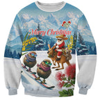 New Zealand and Australia Merry Christmas Sweatshirt Kiwi Birds Skiing and Koala Santa Riding Kangaroo