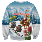 New Zealand and Australia Merry Christmas Sweatshirt Kiwi Birds Skiing and Koala Santa Riding Kangaroo