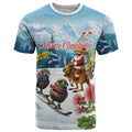 New Zealand and Australia Merry Christmas T Shirt Kiwi Birds Skiing and Koala Santa Riding Kangaroo