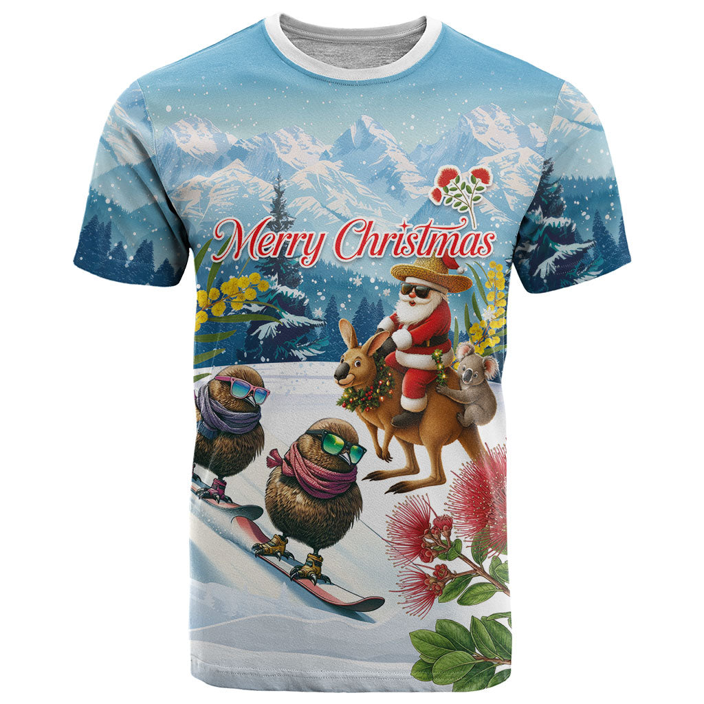 New Zealand and Australia Merry Christmas T Shirt Kiwi Birds Skiing and Koala Santa Riding Kangaroo