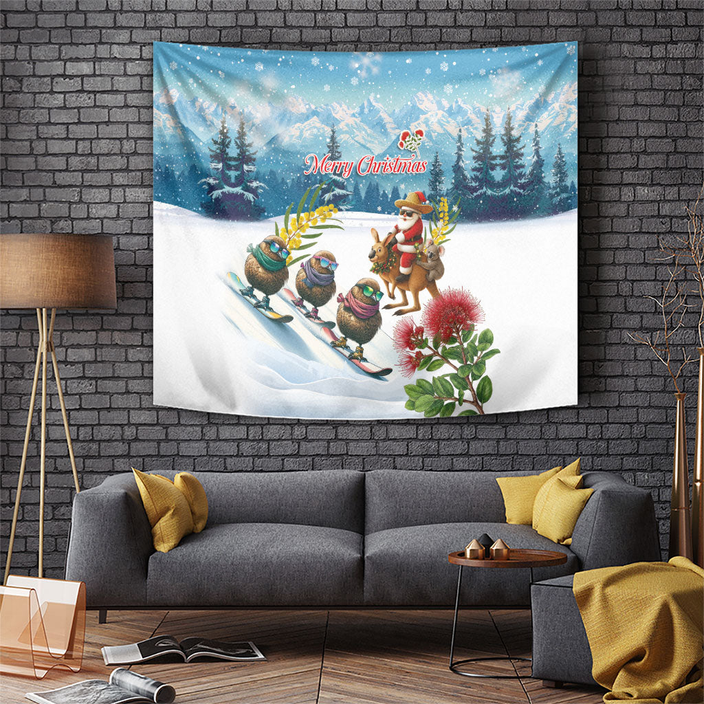 New Zealand and Australia Merry Christmas Tapestry Kiwi Birds Skiing and Koala Santa Riding Kangaroo