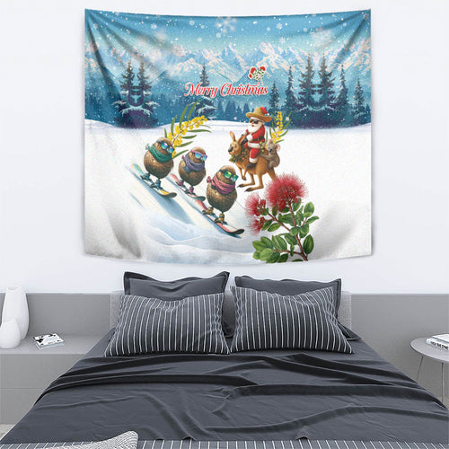 New Zealand and Australia Merry Christmas Tapestry Kiwi Birds Skiing and Koala Santa Riding Kangaroo