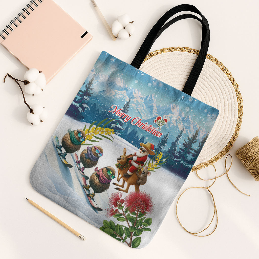 New Zealand and Australia Merry Christmas Tote Bag Kiwi Birds Skiing and Koala Santa Riding Kangaroo