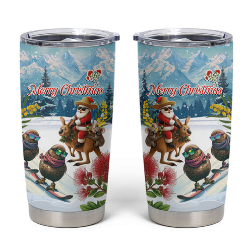 New Zealand and Australia Merry Christmas Tumbler Cup Kiwi Birds Skiing and Koala Santa Riding Kangaroo
