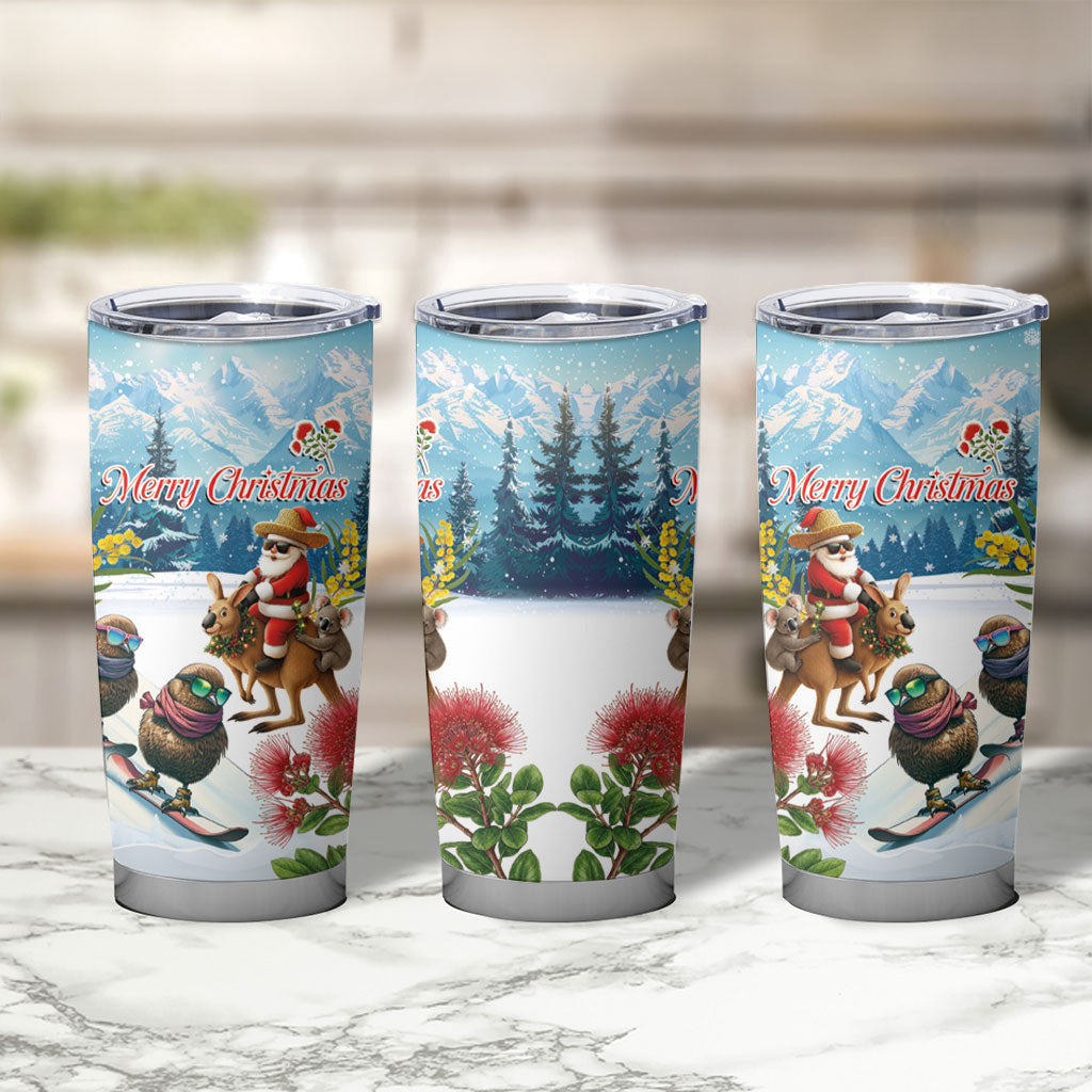 New Zealand and Australia Merry Christmas Tumbler Cup Kiwi Birds Skiing and Koala Santa Riding Kangaroo