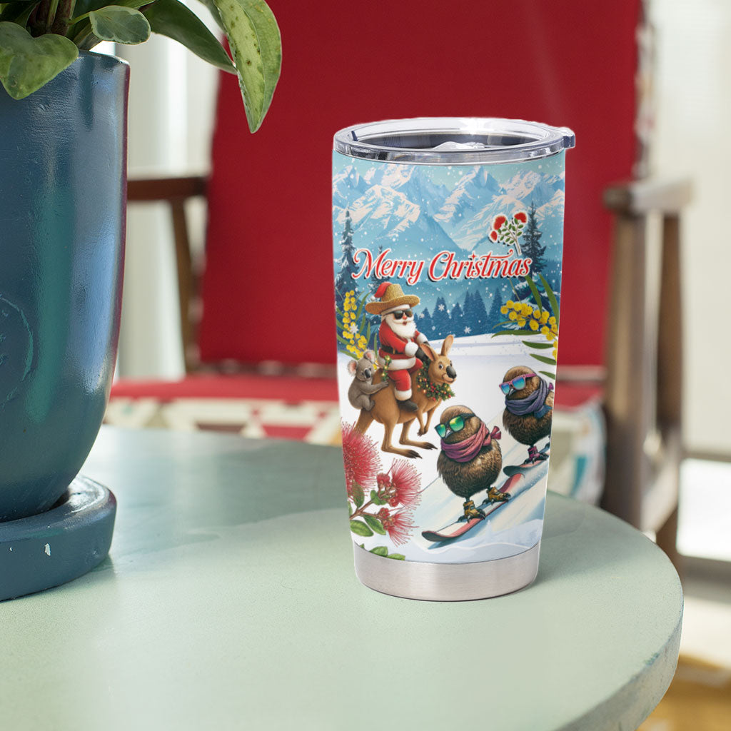New Zealand and Australia Merry Christmas Tumbler Cup Kiwi Birds Skiing and Koala Santa Riding Kangaroo