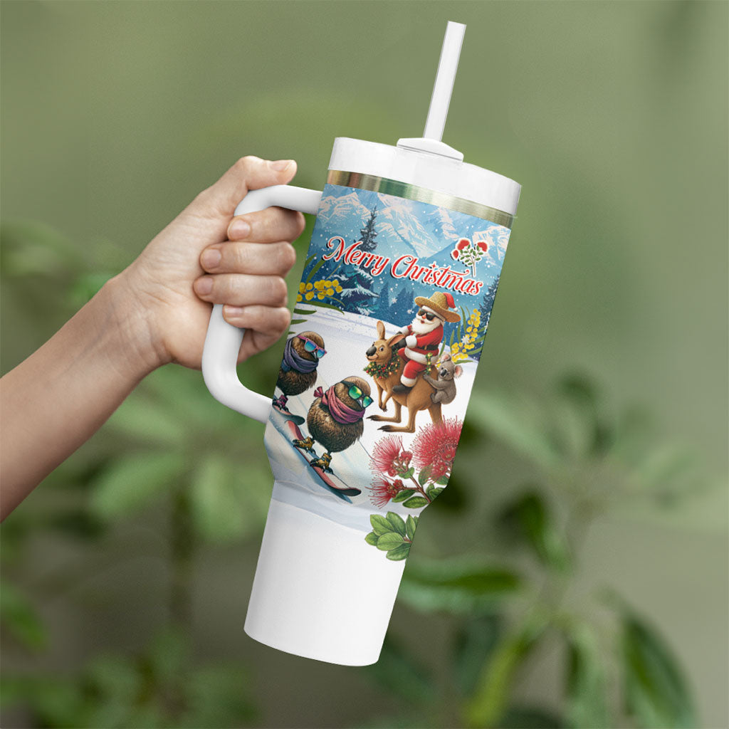 New Zealand and Australia Merry Christmas Tumbler With Handle Kiwi Birds Skiing and Koala Santa Riding Kangaroo