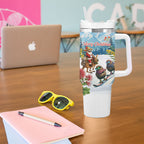 New Zealand and Australia Merry Christmas Tumbler With Handle Kiwi Birds Skiing and Koala Santa Riding Kangaroo