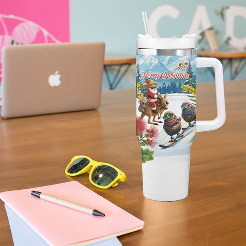 New Zealand and Australia Merry Christmas Tumbler With Handle Kiwi Birds Skiing and Koala Santa Riding Kangaroo