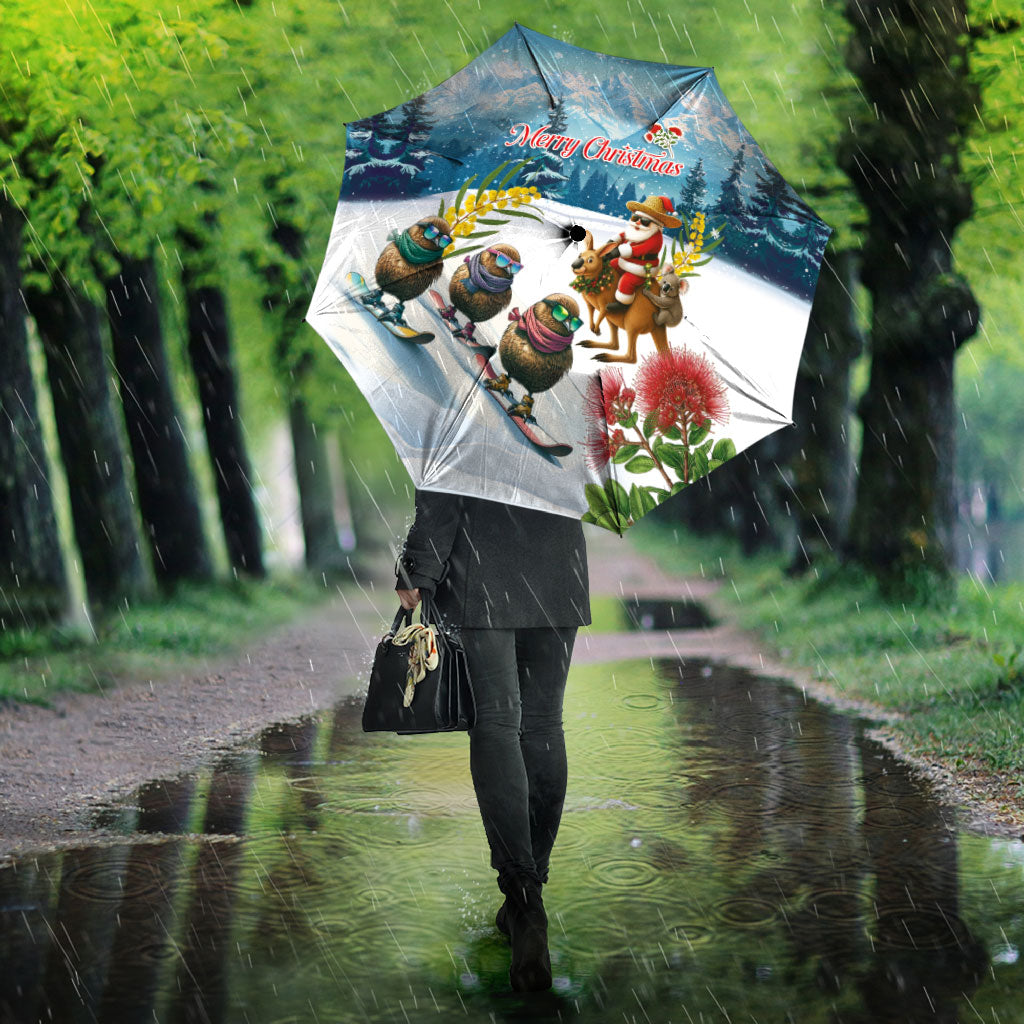 New Zealand and Australia Merry Christmas Umbrella Kiwi Birds Skiing and Koala Santa Riding Kangaroo