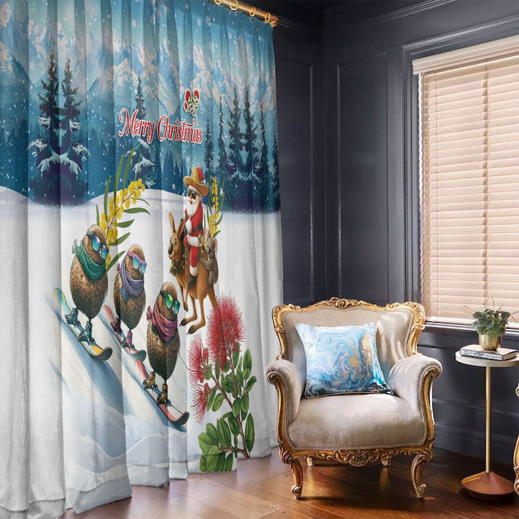 New Zealand and Australia Merry Christmas Window Curtain Kiwi Birds Skiing and Koala Santa Riding Kangaroo