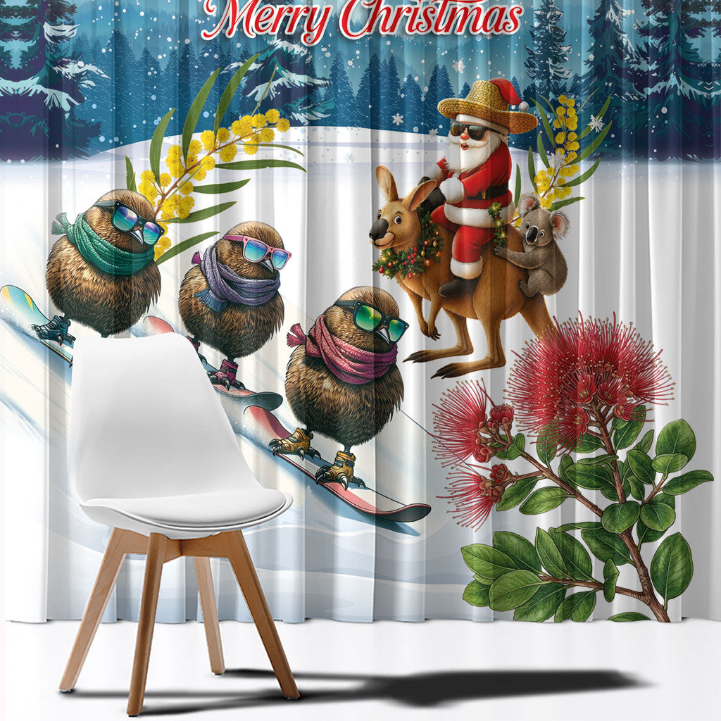 New Zealand and Australia Merry Christmas Window Curtain Kiwi Birds Skiing and Koala Santa Riding Kangaroo