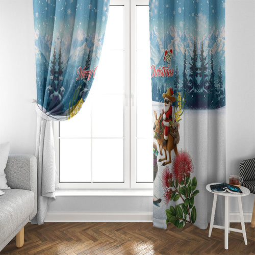 New Zealand and Australia Merry Christmas Window Curtain Kiwi Birds Skiing and Koala Santa Riding Kangaroo