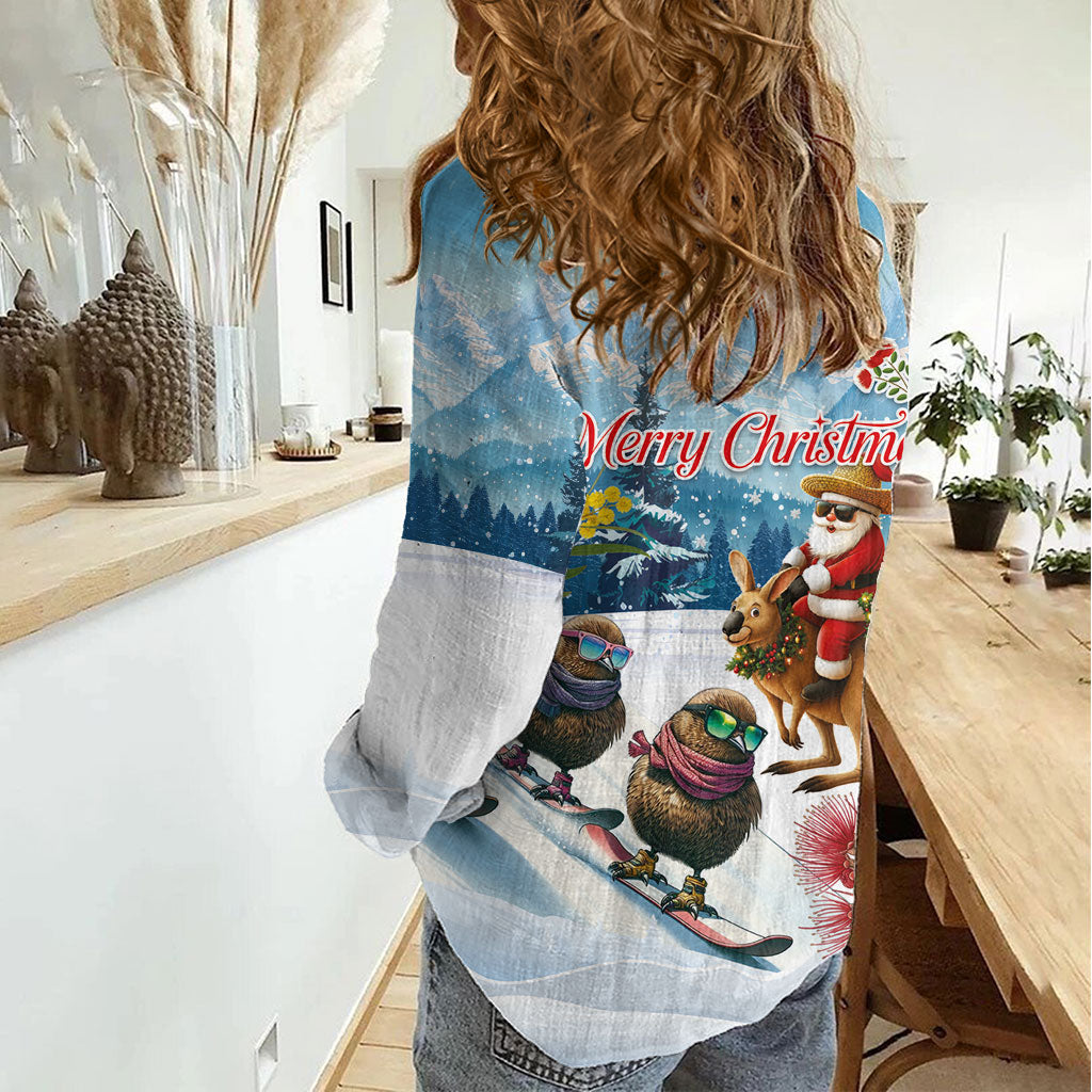 New Zealand and Australia Merry Christmas Women Casual Shirt Kiwi Birds Skiing and Koala Santa Riding Kangaroo