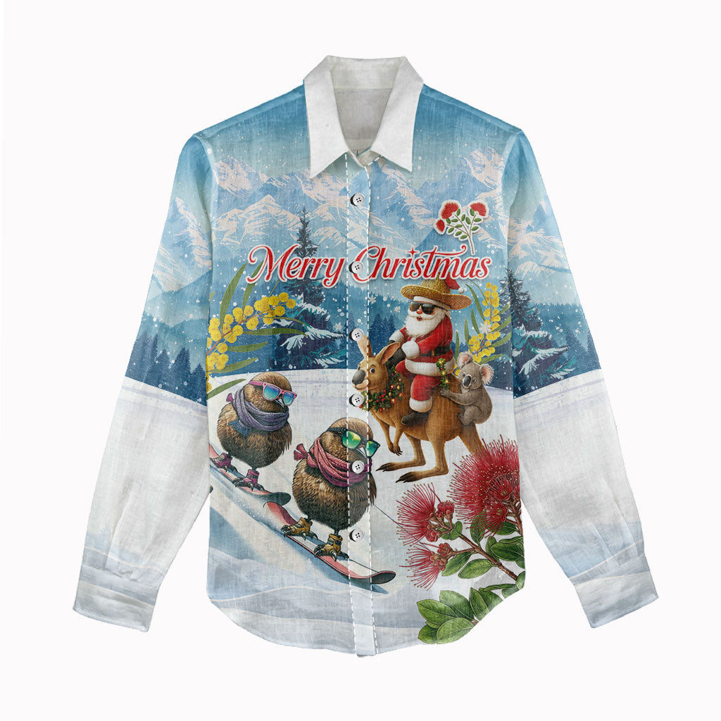 New Zealand and Australia Merry Christmas Women Casual Shirt Kiwi Birds Skiing and Koala Santa Riding Kangaroo