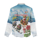 New Zealand and Australia Merry Christmas Women Casual Shirt Kiwi Birds Skiing and Koala Santa Riding Kangaroo
