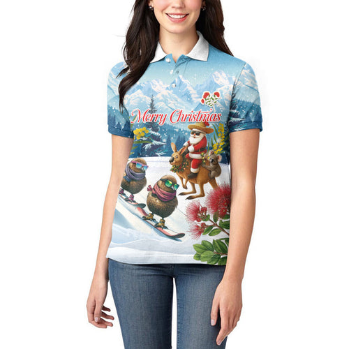 New Zealand and Australia Merry Christmas Women Polo Shirt Kiwi Birds Skiing and Koala Santa Riding Kangaroo