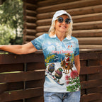 New Zealand and Australia Merry Christmas Women Polo Shirt Kiwi Birds Skiing and Koala Santa Riding Kangaroo