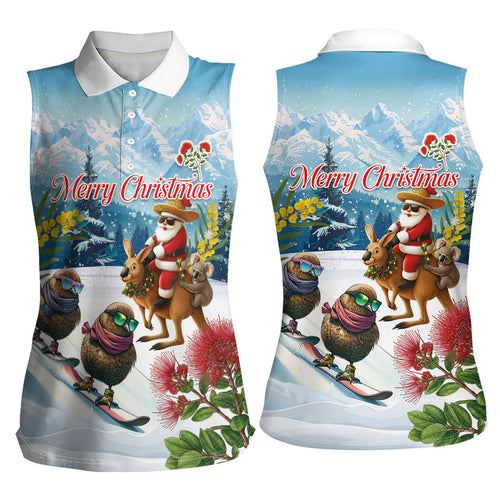 New Zealand and Australia Merry Christmas Women Sleeveless Polo Shirt Kiwi Birds Skiing and Koala Santa Riding Kangaroo