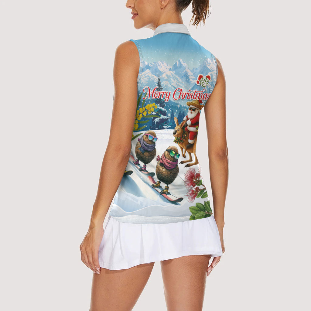 New Zealand and Australia Merry Christmas Women Sleeveless Polo Shirt Kiwi Birds Skiing and Koala Santa Riding Kangaroo