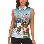 New Zealand and Australia Merry Christmas Women Sleeveless Polo Shirt Kiwi Birds Skiing and Koala Santa Riding Kangaroo