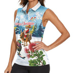 New Zealand and Australia Merry Christmas Women Sleeveless Polo Shirt Kiwi Birds Skiing and Koala Santa Riding Kangaroo