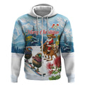 New Zealand and Australia Merry Christmas Zip Hoodie Kiwi Birds Skiing and Koala Santa Riding Kangaroo