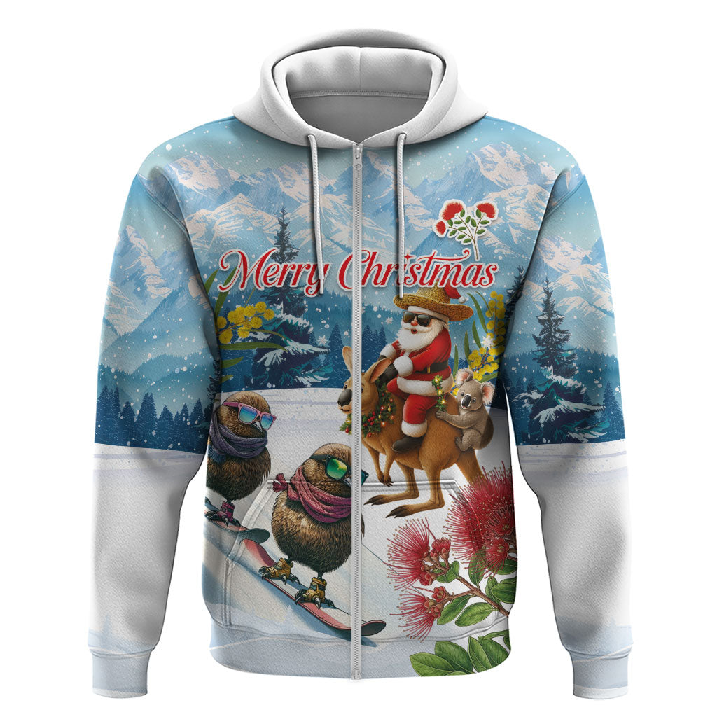New Zealand and Australia Merry Christmas Zip Hoodie Kiwi Birds Skiing and Koala Santa Riding Kangaroo