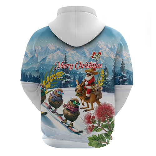 New Zealand and Australia Merry Christmas Zip Hoodie Kiwi Birds Skiing and Koala Santa Riding Kangaroo