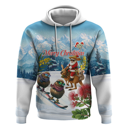 New Zealand and Australia Merry Christmas Zip Hoodie Kiwi Birds Skiing and Koala Santa Riding Kangaroo