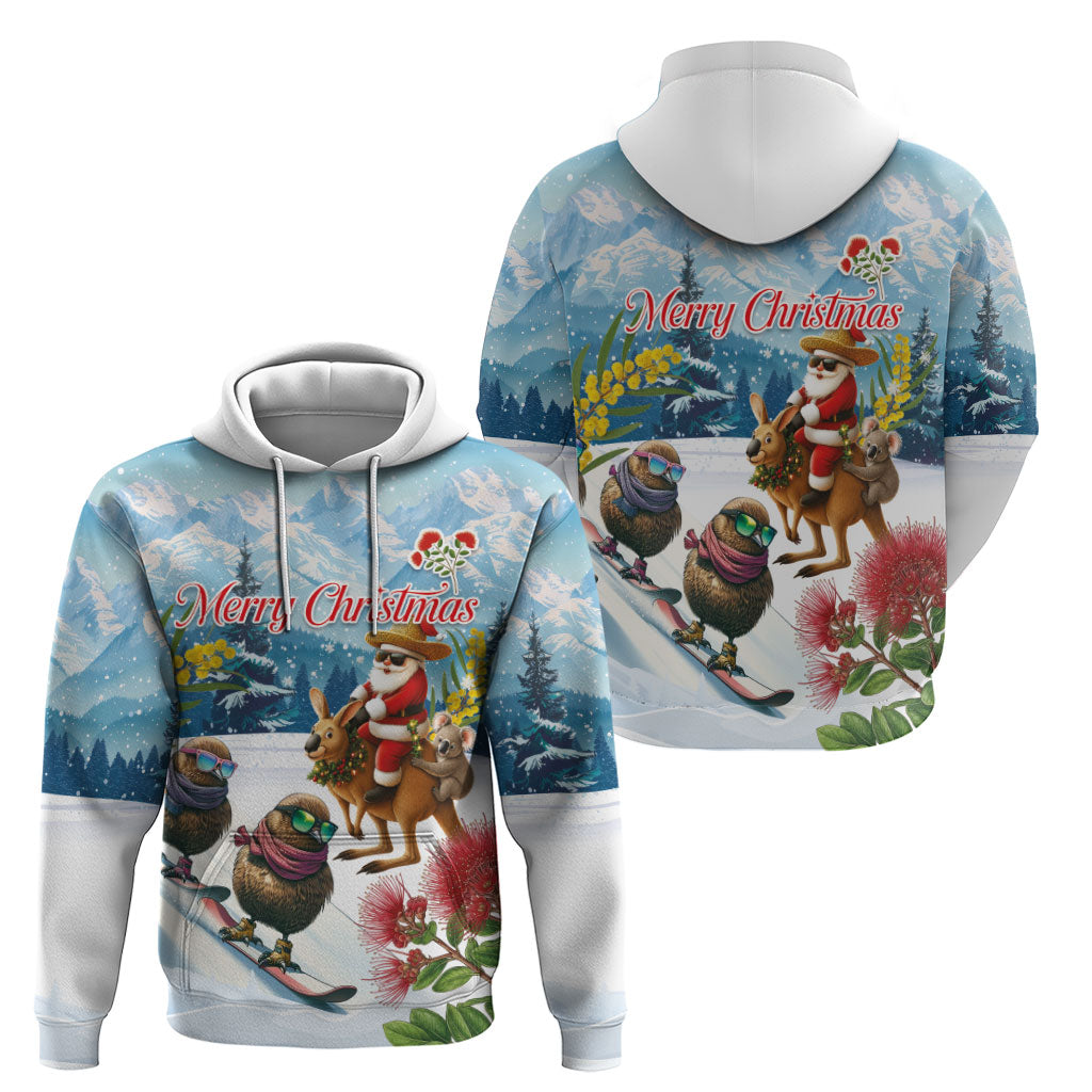New Zealand and Australia Merry Christmas Zip Hoodie Kiwi Birds Skiing and Koala Santa Riding Kangaroo