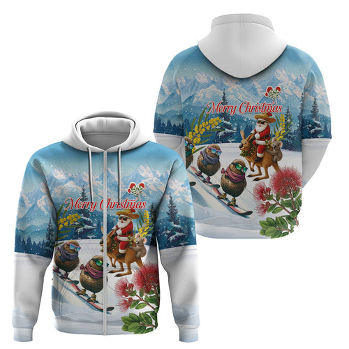 New Zealand and Australia Merry Christmas Zip Hoodie Kiwi Birds Skiing and Koala Santa Riding Kangaroo