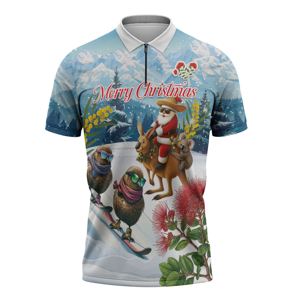 New Zealand and Australia Merry Christmas Zipper Polo Shirt Kiwi Birds Skiing and Koala Santa Riding Kangaroo