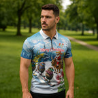 New Zealand and Australia Merry Christmas Zipper Polo Shirt Kiwi Birds Skiing and Koala Santa Riding Kangaroo