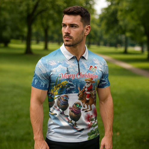 New Zealand and Australia Merry Christmas Zipper Polo Shirt Kiwi Birds Skiing and Koala Santa Riding Kangaroo