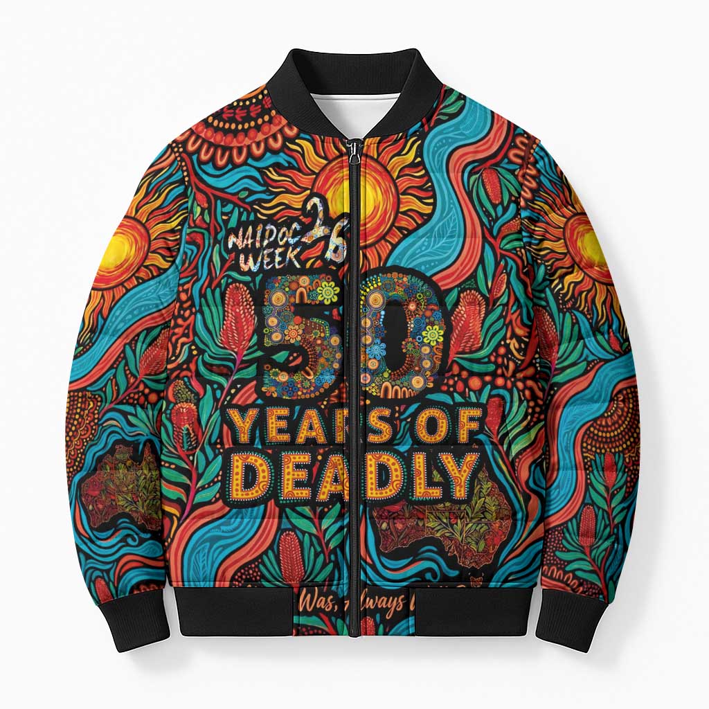 NAIDOC Week 26 Bomber Puffer Jacket 50 Years of Deadly Aboriginal Motif
