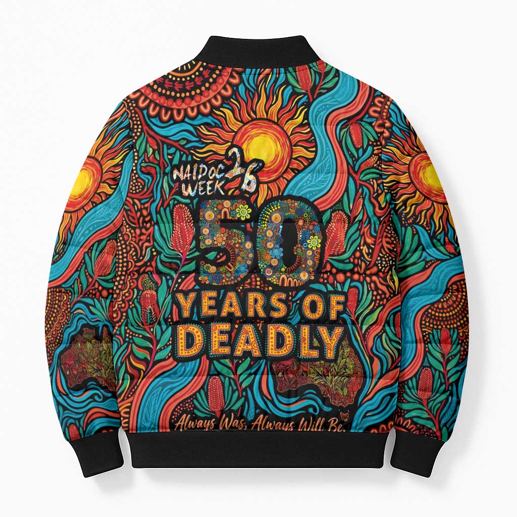 NAIDOC Week 26 Bomber Puffer Jacket 50 Years of Deadly Aboriginal Motif