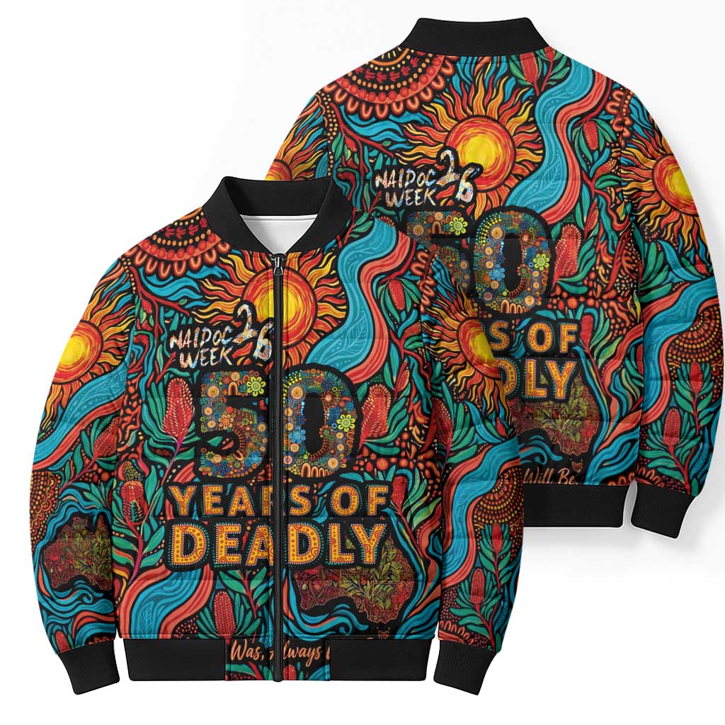 NAIDOC Week 26 Bomber Puffer Jacket 50 Years of Deadly Aboriginal Motif