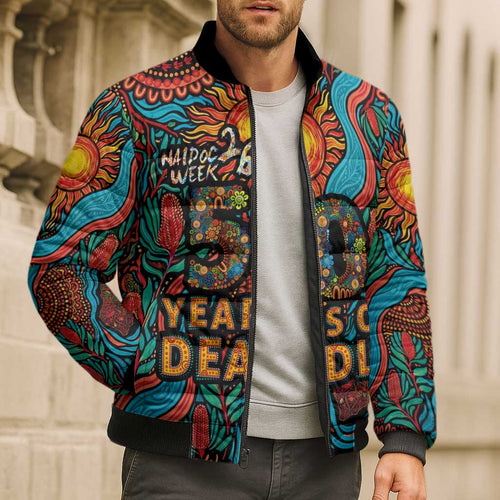 NAIDOC Week 26 Bomber Puffer Jacket 50 Years of Deadly Aboriginal Motif